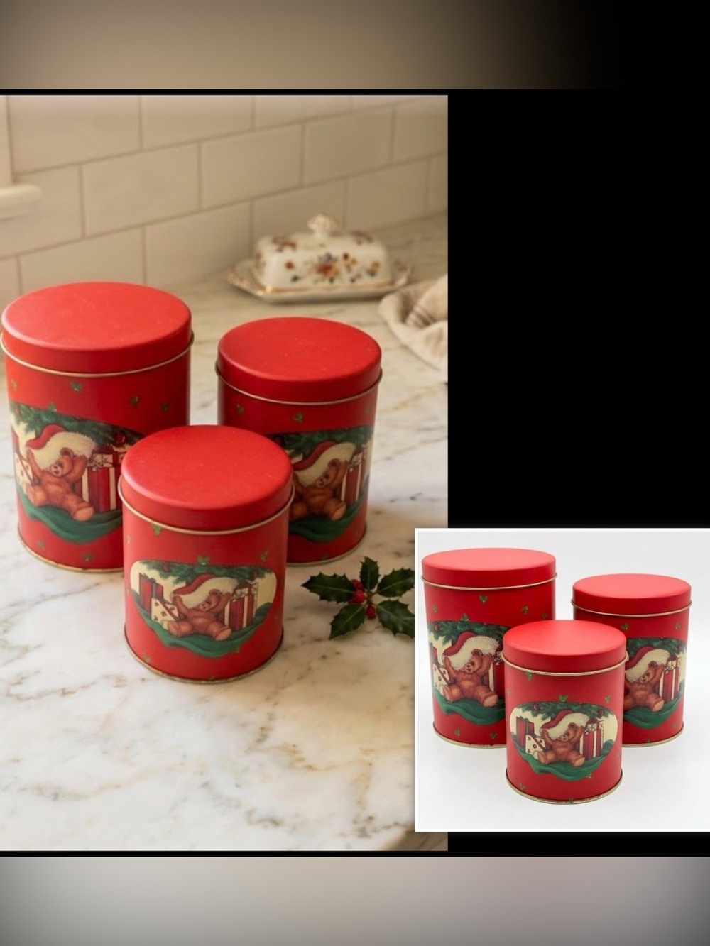3 Vintage Teddy Bear Christmas Nesting Holiday Tin Red Festive Canister Set